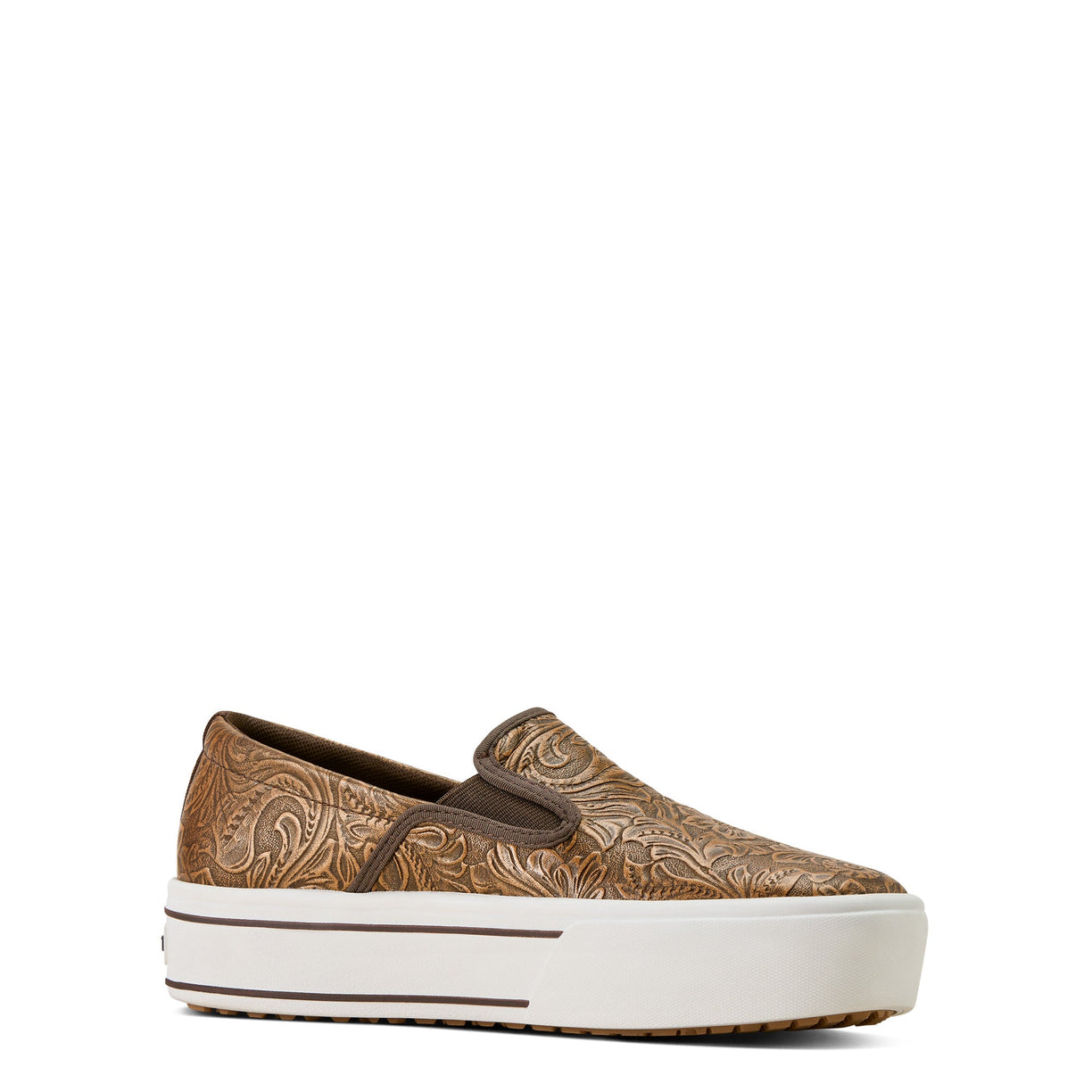 Brown slip-on sneaker with white sole on a white background