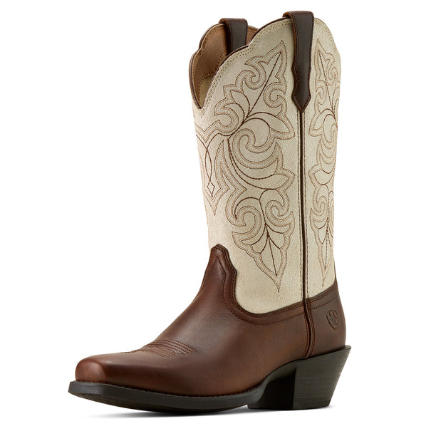 Brown and beige cowboy boot with intricate white stitching on a white background