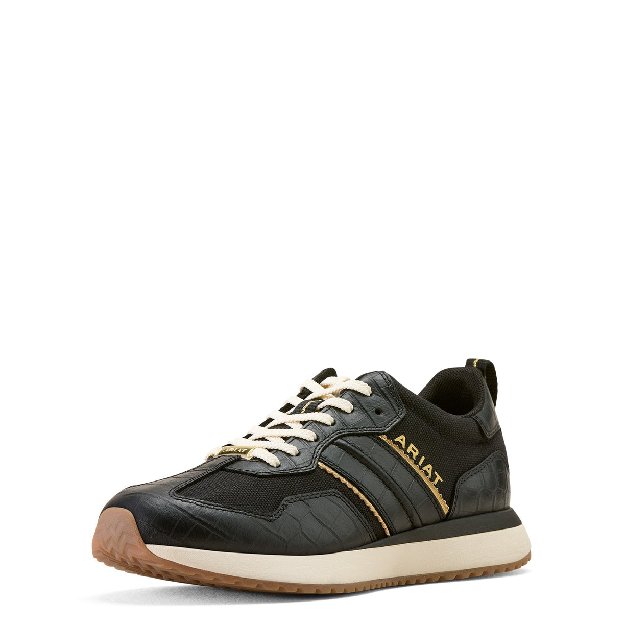 Black sneaker with white laces on a white background