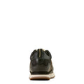Back view of a black sneaker with a white background
