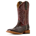 Brown cowboy boot with intricate white embroidery on a white background