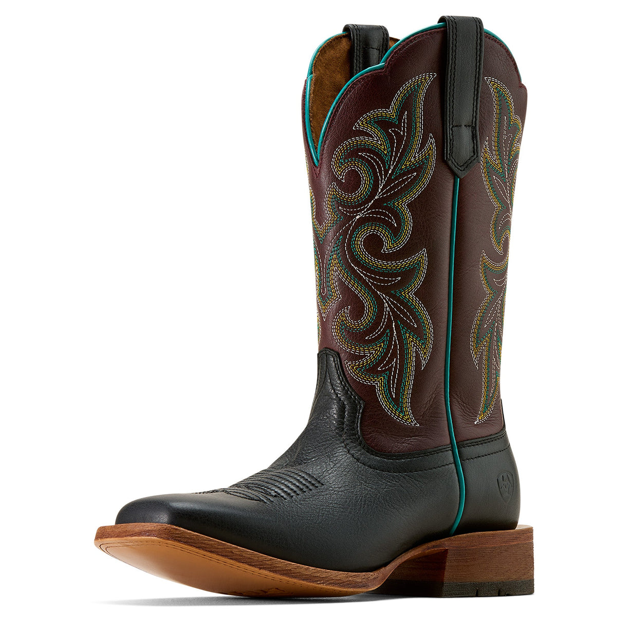 Brown and black cowboy boot with intricate patterns on a white background