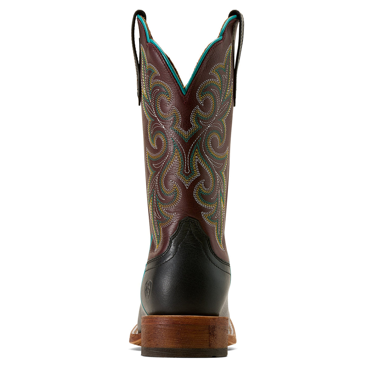 Brown and black cowboy boot with intricate pattern on a white background