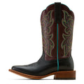 Brown and black cowboy boot with intricate embroidery on a white background