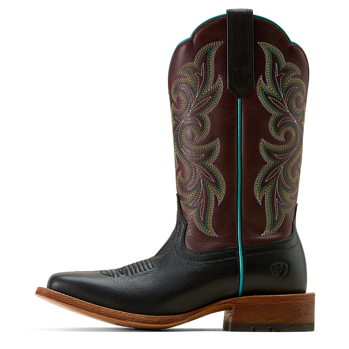 Brown and black cowboy boot with intricate embroidery on a white background