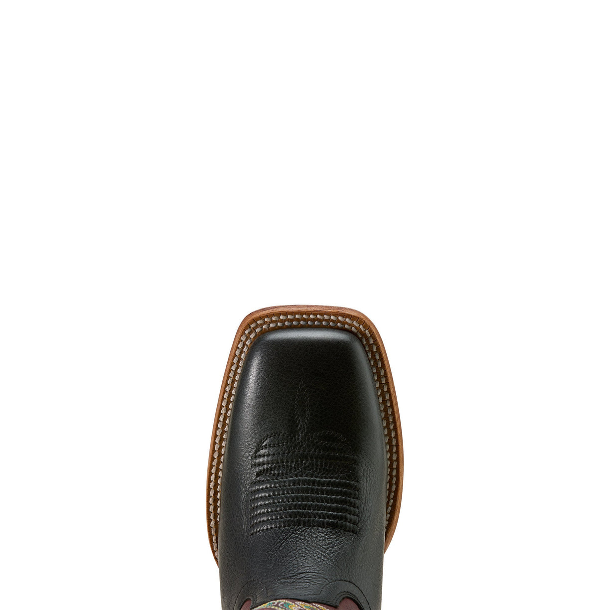 Black leather boot with brown stitching on a white background