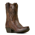 Brown cowboy boot with intricate design on a beige background
