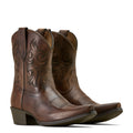 Pair of brown cowboy boots with intricate designs on a white background