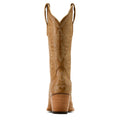 Tan cowboy boot with intricate patterns on a white background