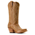 Tan cowboy boot with intricate embroidery on a white background
