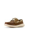 Brown boat shoe with white sole on a white background