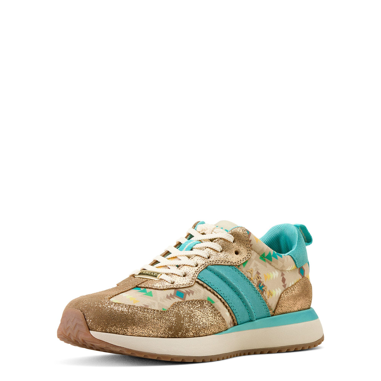 Gold and turquoise sneaker on a white background