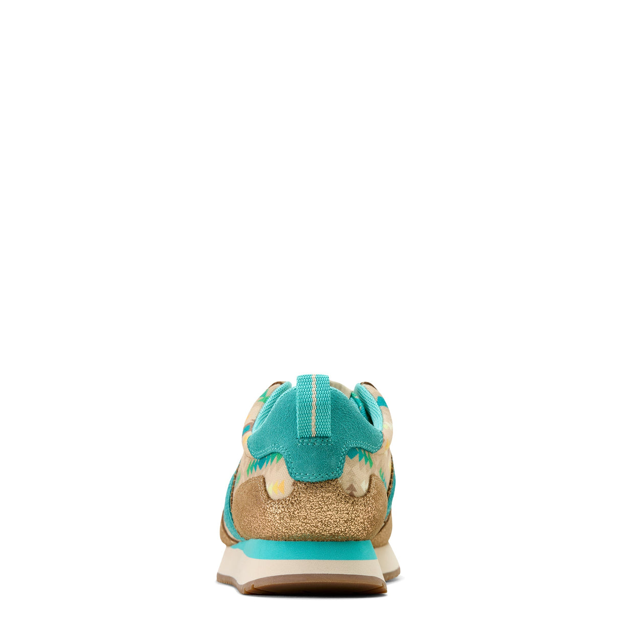 Back view of a blue and beige sneaker on a white background