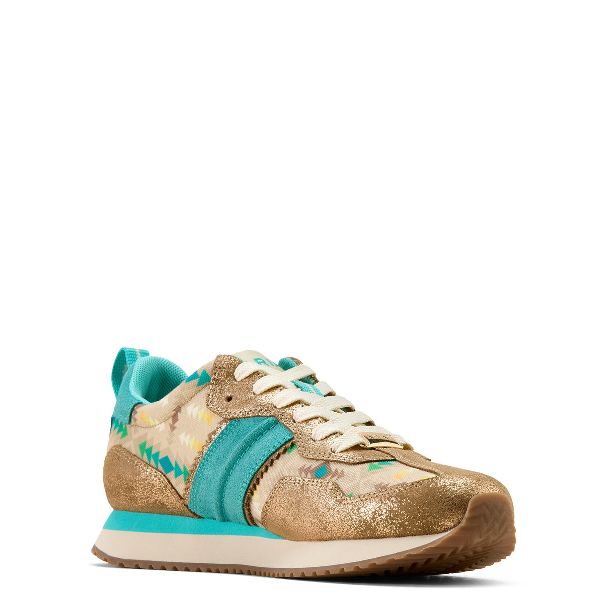 Gold and turquoise sneaker on a white background