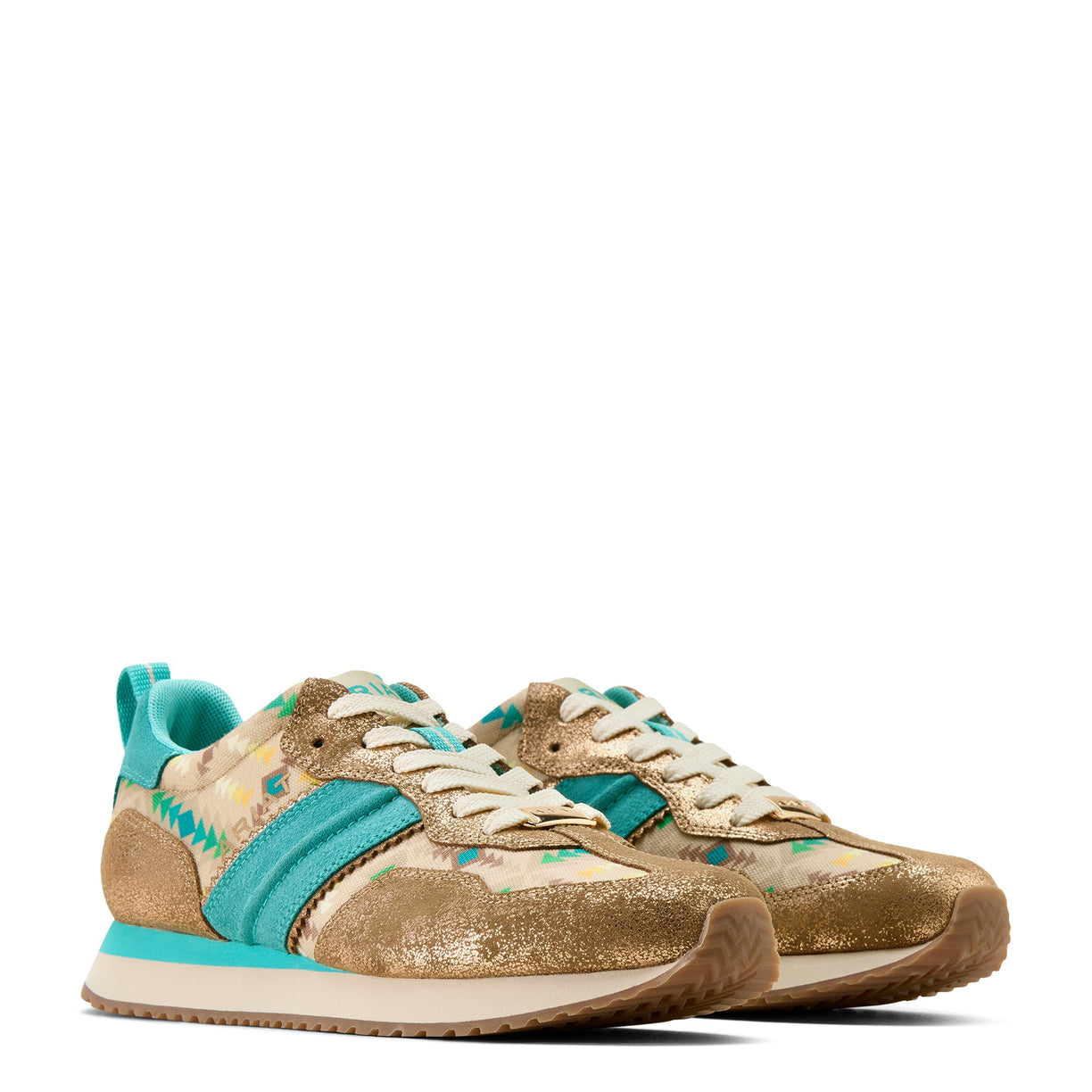 Pair of brown and turquoise sneakers on a white background