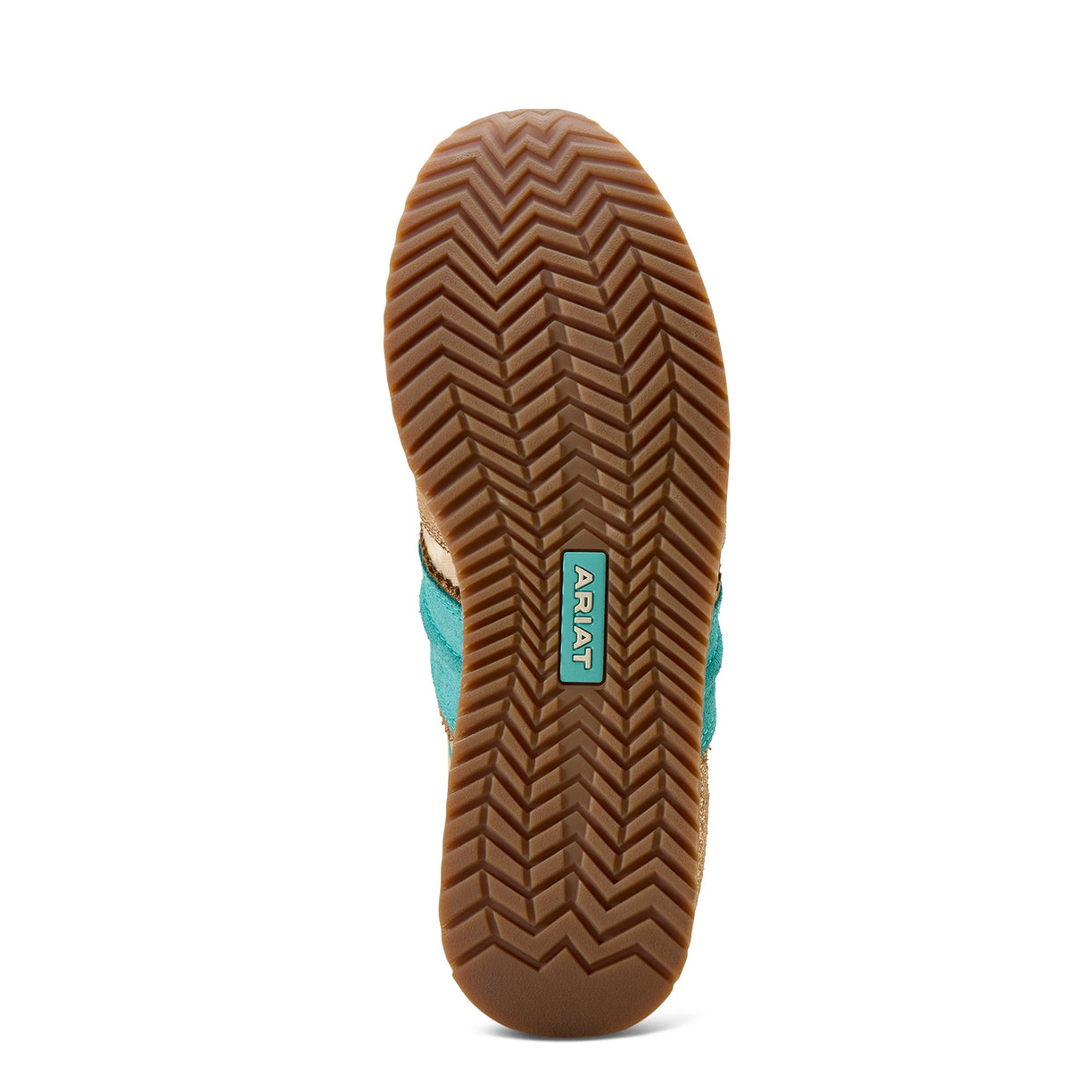 Close-up of a shoe sole with Ariat branding on a white background