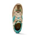 Brown and teal sneaker with white laces on a white background