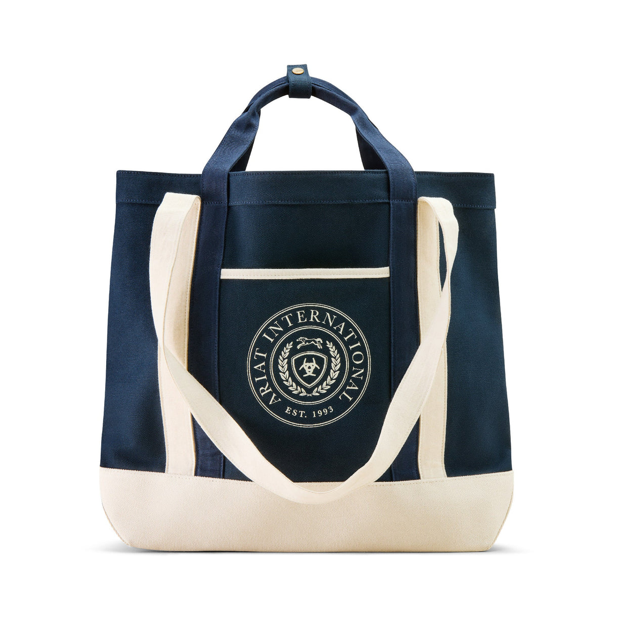 Navy Ariat tote bag with cream handles and a logo on a white background