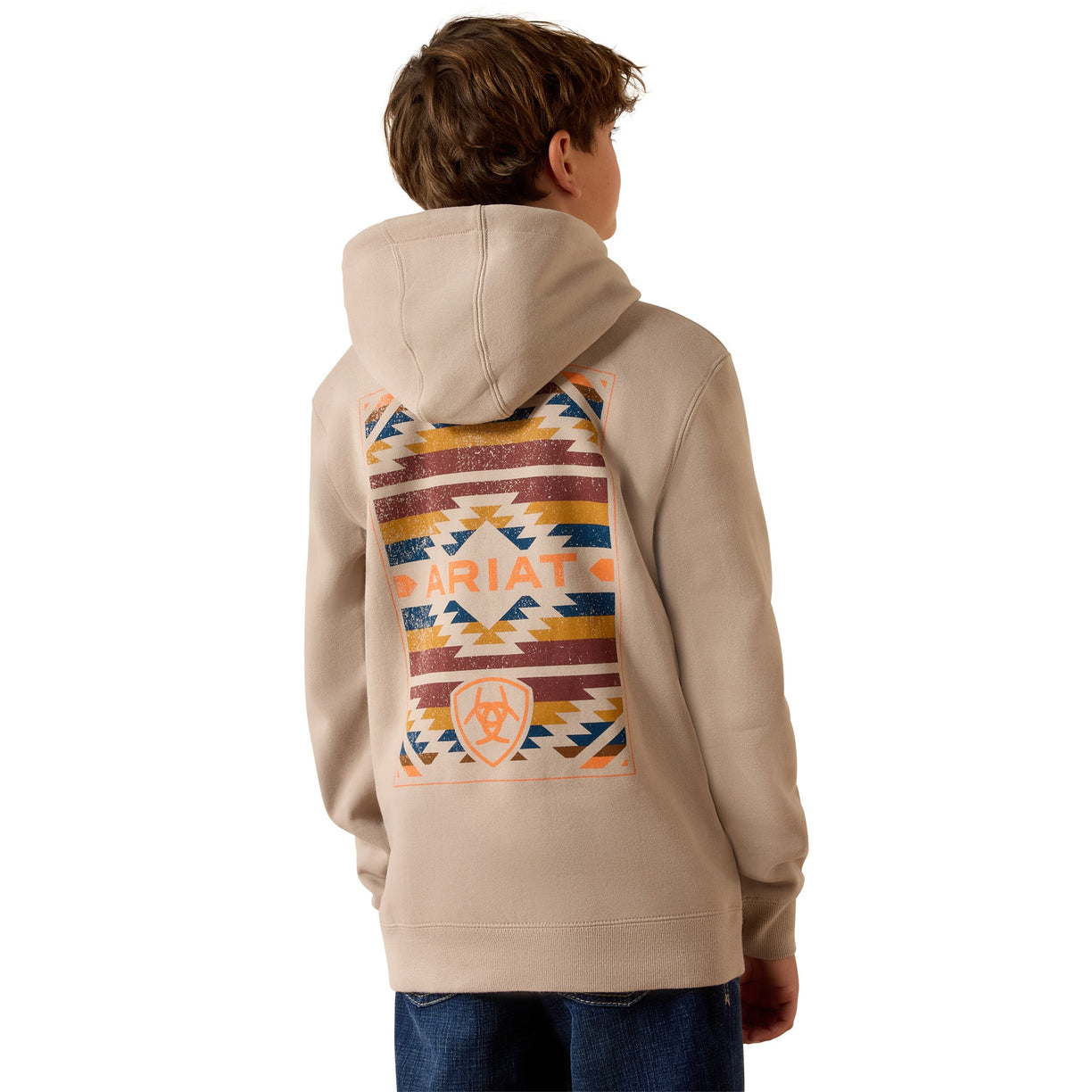 Kid's hooded jumper back aztec print by ARIAT in beige. 