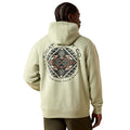 Person wearing a beige hoodie with a brand logo on the back against a white background