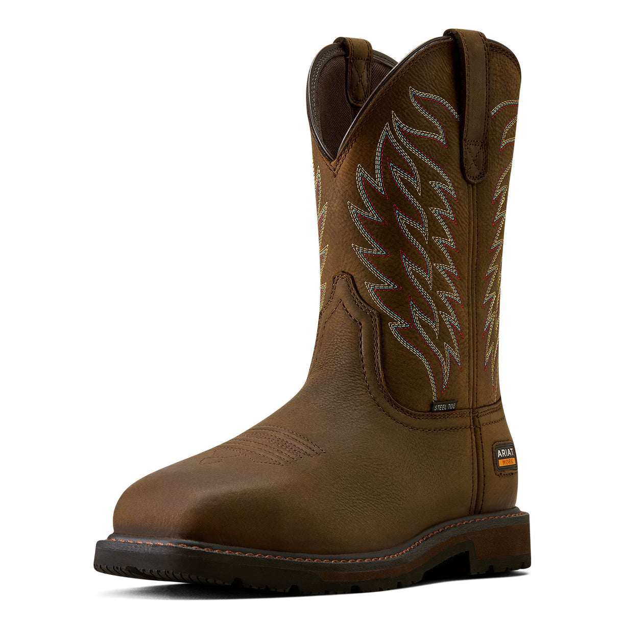 Brown cowboy boot with intricate stitching on a white background