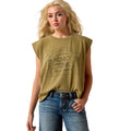 A blonde woman wearing a cropped olive green t-shirt with a vintage-style graphic that reads 'Support Your Local Honky Tonk' and 'Buckeye State Co. USA', paired with blue jeans