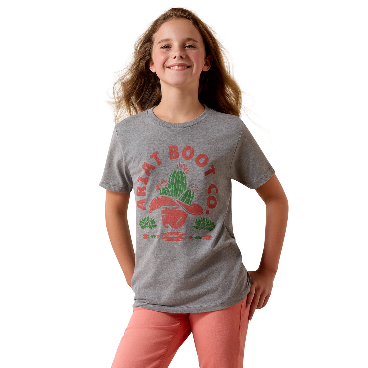 Girl wearing grey Ariat t-shirt