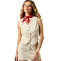 Woman wearing a white vest and skirt with a red bandana on a white background
