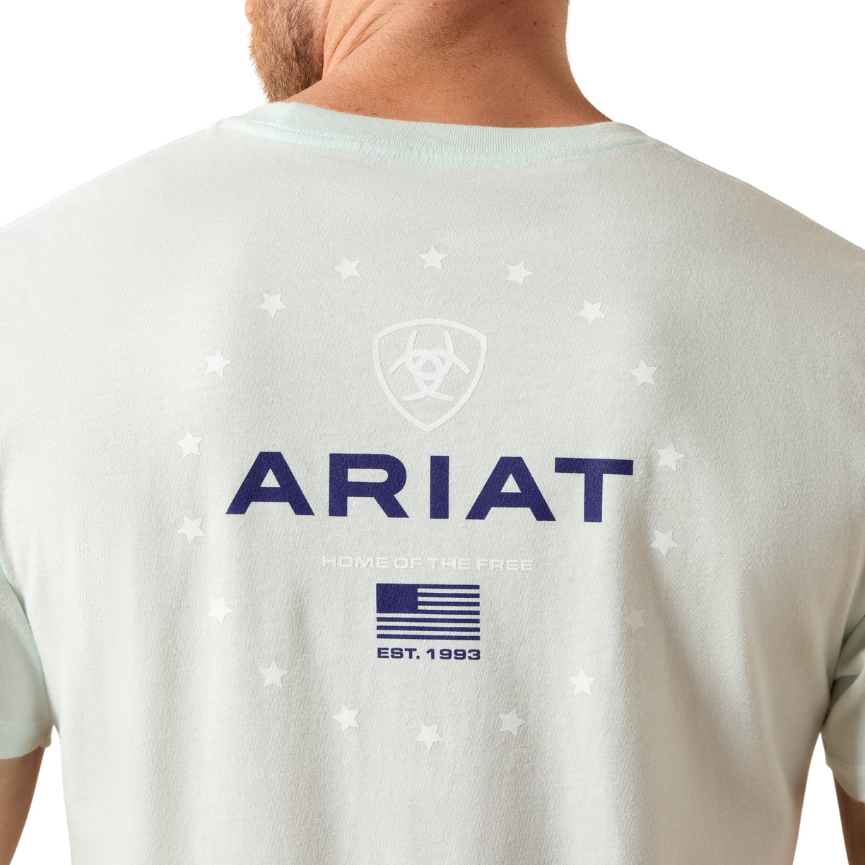 White t-shirt with Ariat logo and text on the back