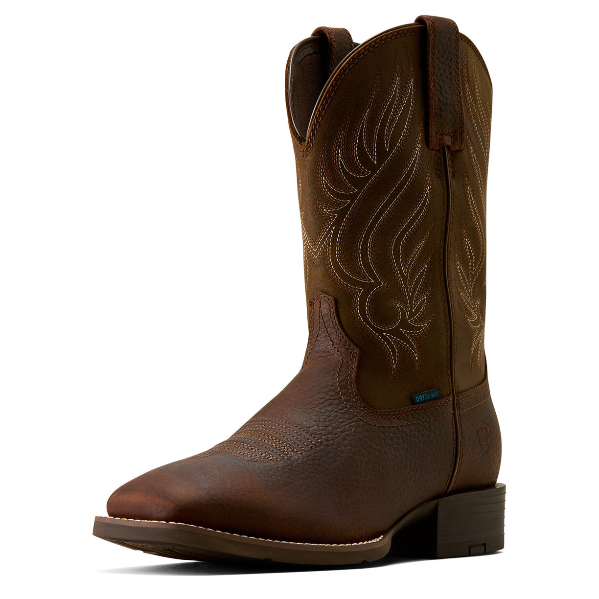 Brown cowboy boot with intricate stitching on a white background
