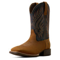 Brown cowboy boot with black and brown design on a white background