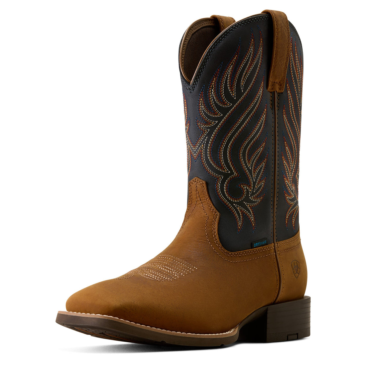 Brown cowboy boot with black and brown design on a white background
