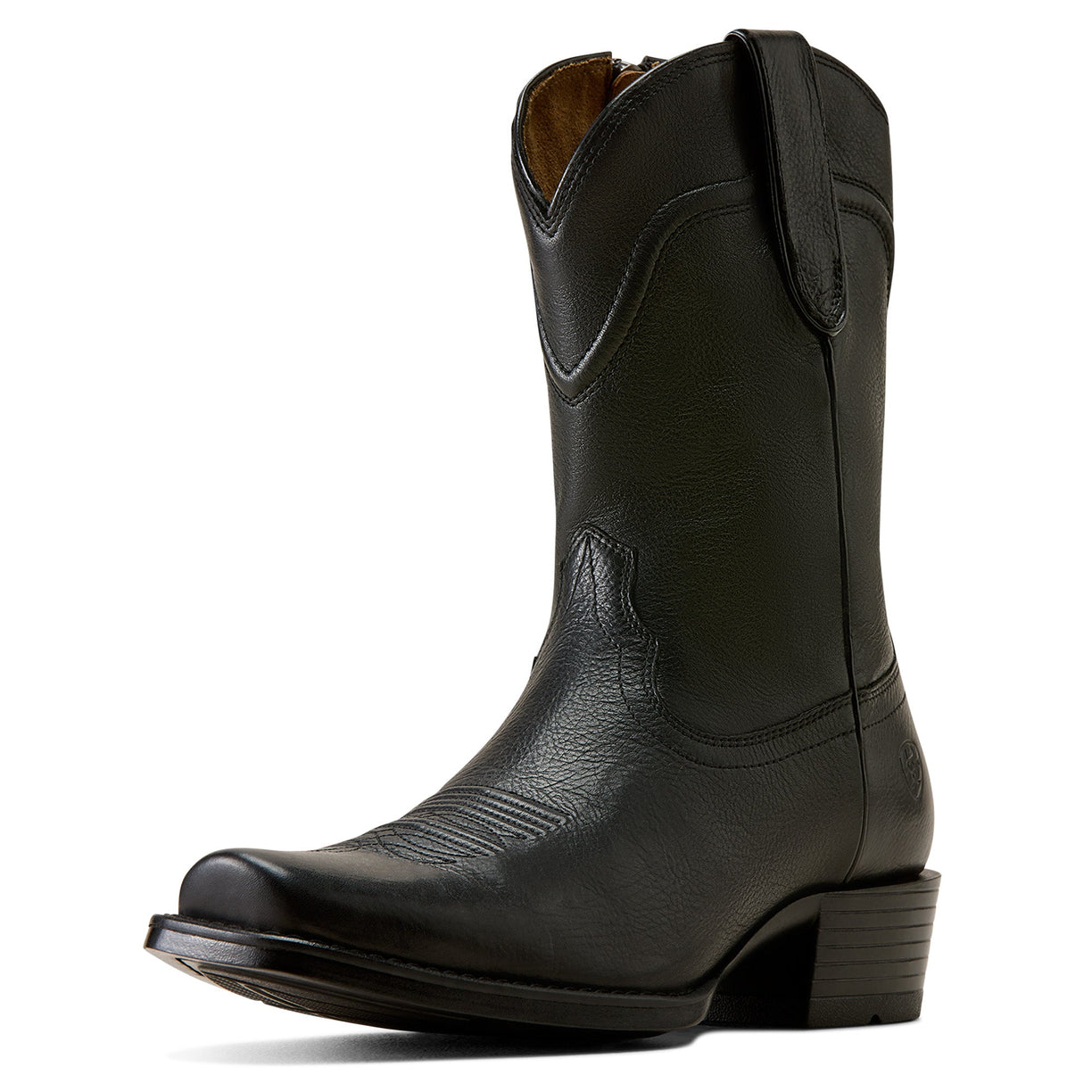 Black Ariat cowboy boot with square toe and pull straps