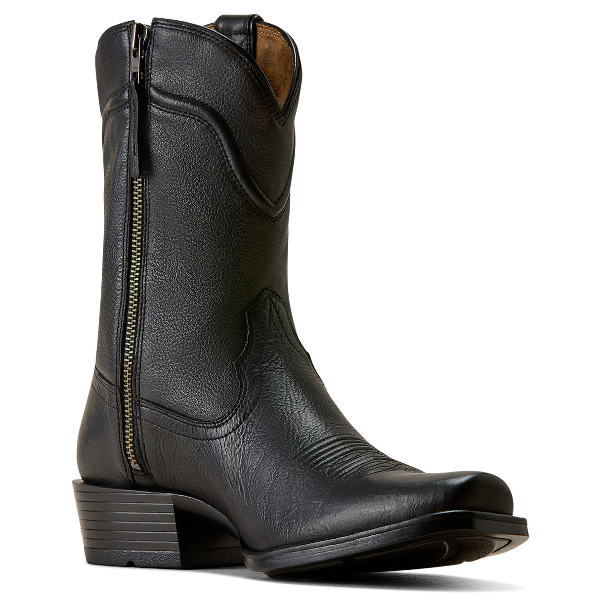 Black Ariat cowboy boot with square toe and pull straps, inner side view