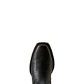Toe detail of Black Ariat cowboy boot with square toe and pull straps