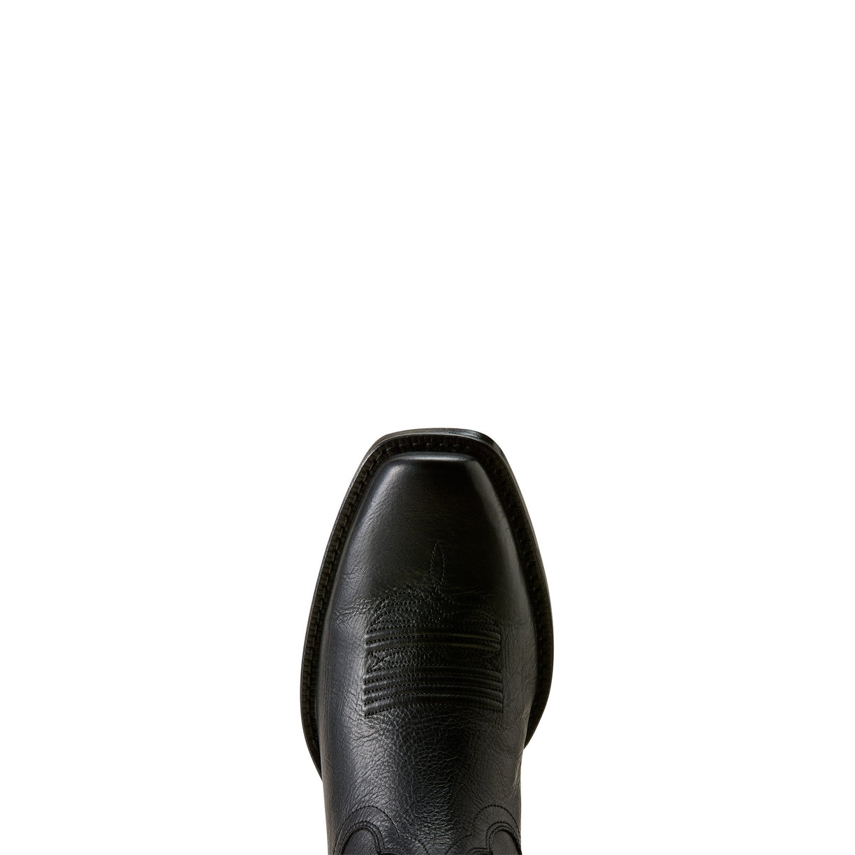 Toe detail of Black Ariat cowboy boot with square toe and pull straps