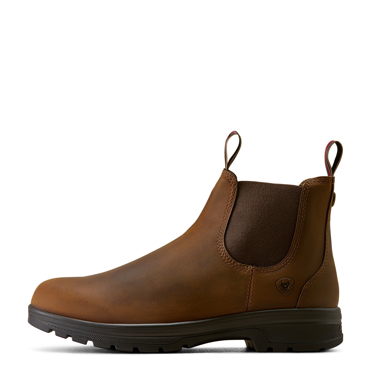 Ariat brown leather Chelsea boot with Ariat brand logo on a white background, side profile