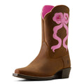 Brown cowboy boot with a pink bow design on a white background