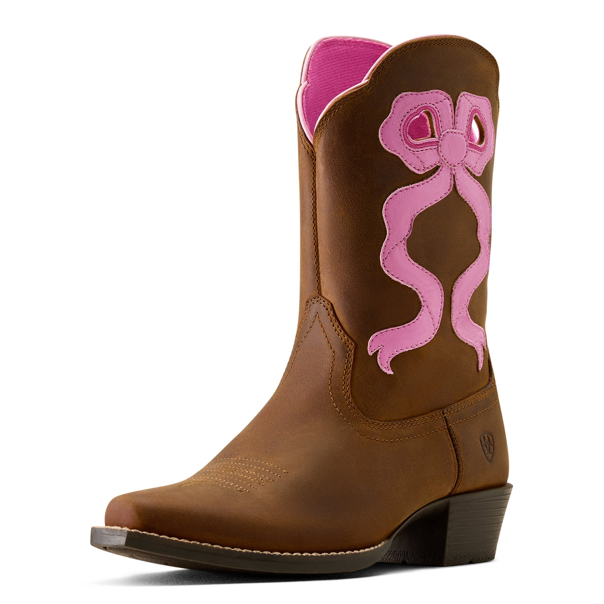 Brown cowboy boot with a pink bow design on a white background