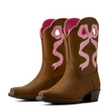 Brown cowboy boots with pink bow design on a white background