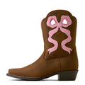 Brown cowboy boot with a pink bow on a white background