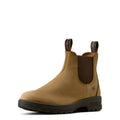 Natural taupe Chelsea leather boot with a visible brand logo on a white background