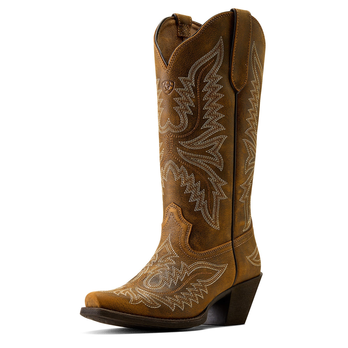 Brown cowboy boot with intricate white embroidery on a white background
