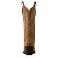 Brown cowboy boot with intricate white embroidery on a white background