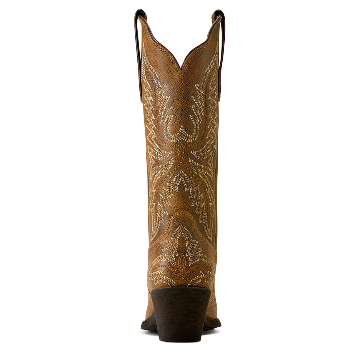 Brown cowboy boot with intricate white embroidery on a white background