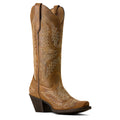 Brown cowboy boot with intricate patterns on a white background