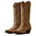 Pair of brown cowboy boots with intricate white embroidery on a white background