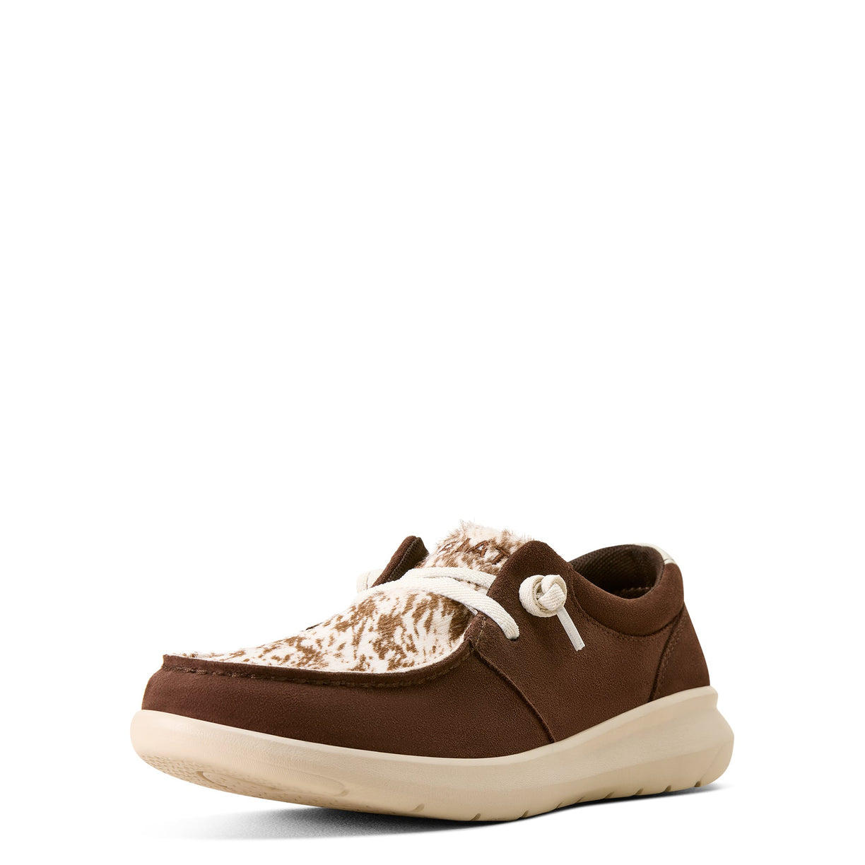 Brown shoe with white sole on a white background