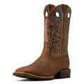 Brown cowboy boot with intricate stitching on a white background