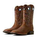 Pair of brown cowboy boots with intricate designs on a white background